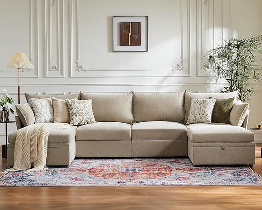 134.6" Oversized Modular Sectional Sofa, 6 Seater U Shaped Couch with Storage Ottoman with Reversible Chaise Deep Seat for Living Room, Apartment - Chenille Beige-CasaMuseHome
