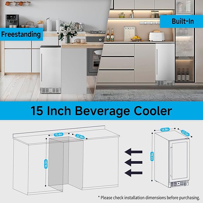 15 Inch Undercounter Beverage Refrigerator - 126 Cans Beverage Fridge with Stainless Steel Door for Beer Wine Soda - Built-in or Freestanding Wine Cooler for Home Kitchen Bar-CasaMuseHome