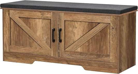 2-Tier Storage Bench, Shoe Bench with Padded Seat Cushion, Entryway Bench with 2 Barn Doors, Adjustable Shelf, 13.8" D x 39.4" W x 17.7" H, for Entryway, Living Room, Bedroom, Rustic Walnut-CasaMuseHome