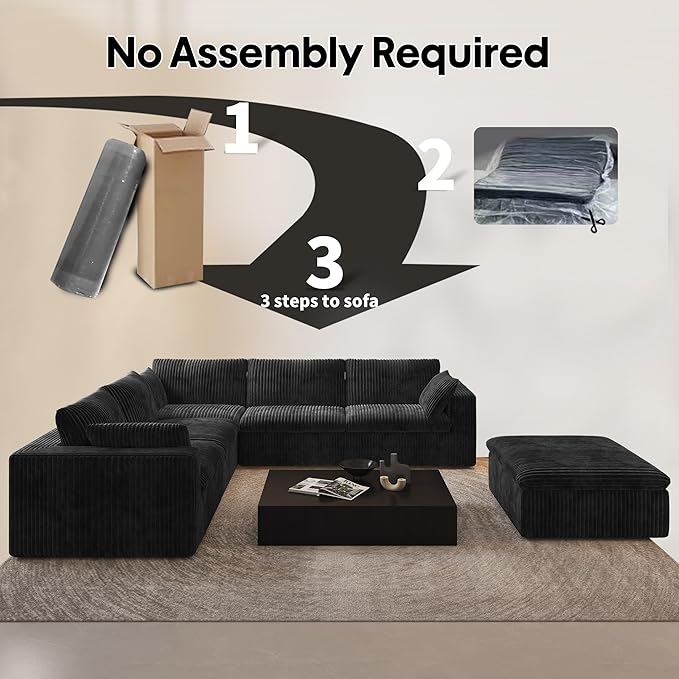 118" 6-Seater Cloud Sofa,Modular Sectional Couch with Ottoman,Modern Deep Seat Upholstered Couches with Corduroy Fabric for Living Room Furniture,Bedroom and Apartment,No Assembly Required,Black-CasaMuseHome
