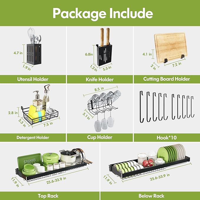 3 Tier Extra Large Stainless Steel Expandable Over The Sink Dish Drainer Drying Rack, Rust Proof Metal, Space Saving, Modern Black Big Capacity Extendable Plate Strainers Above Kitchen Counter-CasaMuseHome