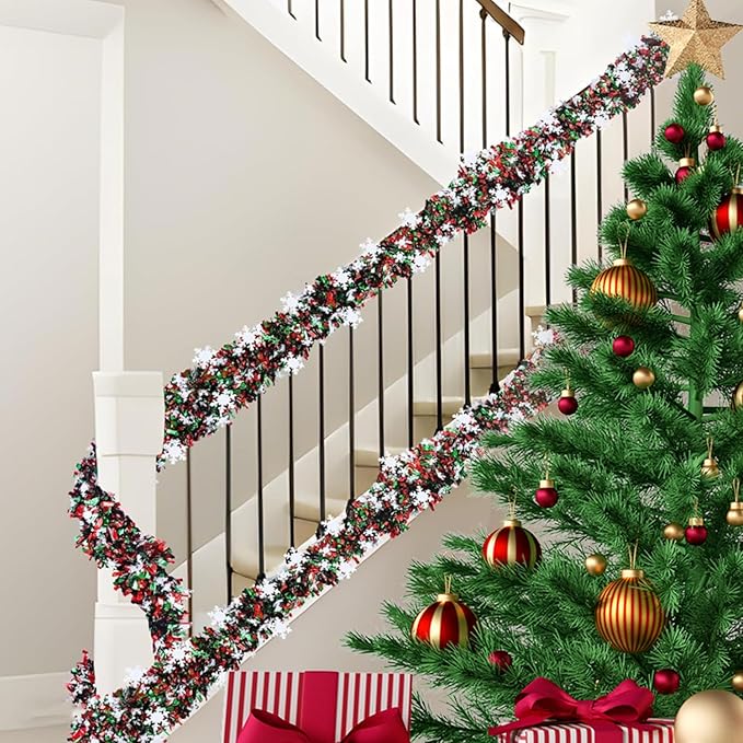 50 Feet Green Red Christmas Metallic Tinsel Twist Hanging Garland with Snowflake for Home Mantle Xmas Tree Staircase Railing New Year Holiday Party Indoor Outdoor Decorations-CasaMuseHome