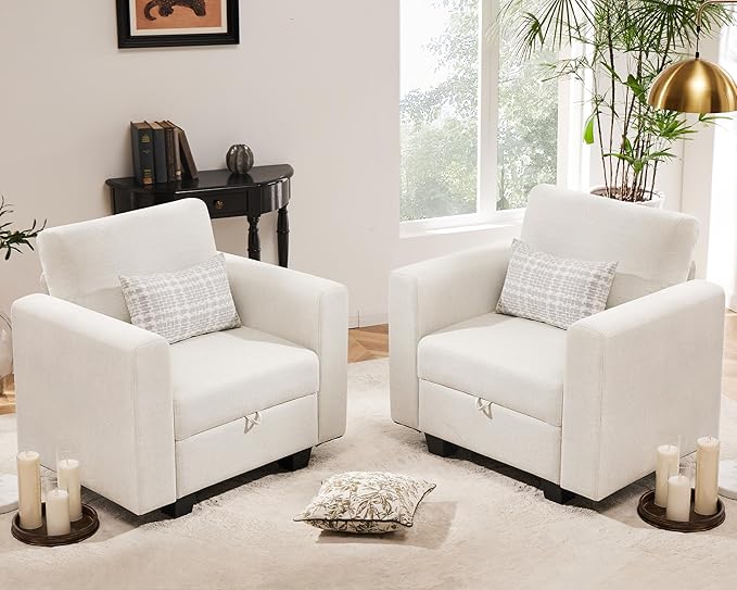 38.5 Oversized Accent Chair with Storage Beige Set of 2, Single Modern Accent Sofa Chair with Arms for Apartment Living Room Linen(21" Deep Seat)-CasaMuseHome