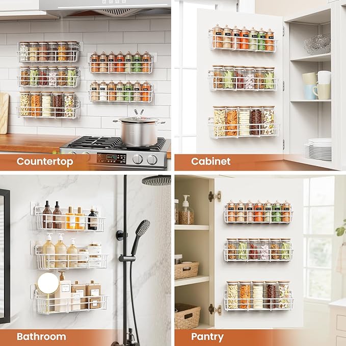 5 Pack Spice Rack Seasoning Organizer Wall Mount, Screw or Adhesive Hanging Shelf Basket Spice Organizer Shelf for Kitchen, White-CasaMuseHome