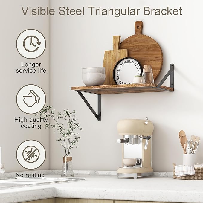 18"W x12"D Floating Shelves, Farmhouse Wall Shelves Home Decor Shelf, Deep Bathroom Shelf with Bracket, 12 Inch Deep Wall Shelves for Living Room, Kitchen, Bedroom, Rustic Brown, Set of 2-CasaMuseHome