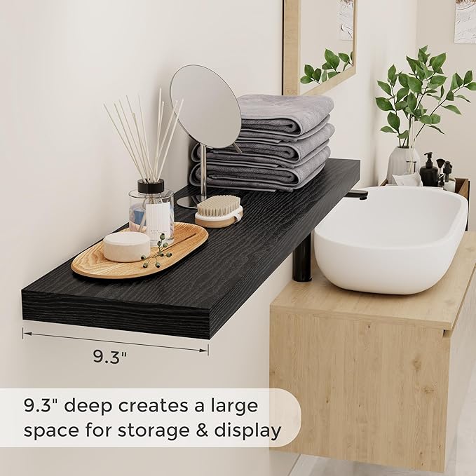 40 Inch Floating Shelves Black, 40" W x 9" D Floating Shelf Set of 2, Farmhouse Wood Wall Shelves for Bedroom, Kitchen, Wall Mounted Deep Shelving for Home Decor-CasaMuseHome