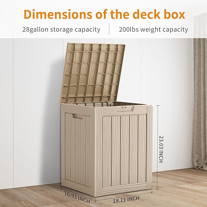 28 Gallon Deck Box Large Outdoor Storage for Patio Furniture,Outdoor Cushions,Garden Tools and Pool Supplies,Waterproof,Resin,Lockable(Grey)-CasaMuseHome
