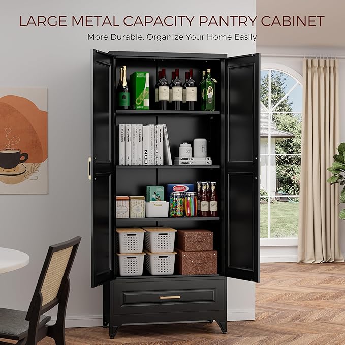 75" Kitchen Pantry Cabinet with Drawer, Metal Storage Cabinets with Doors and Adjustable Shelves, Black Tall Pantry Cabinet for Dinning Living Room, Home Office-CasaMuseHome