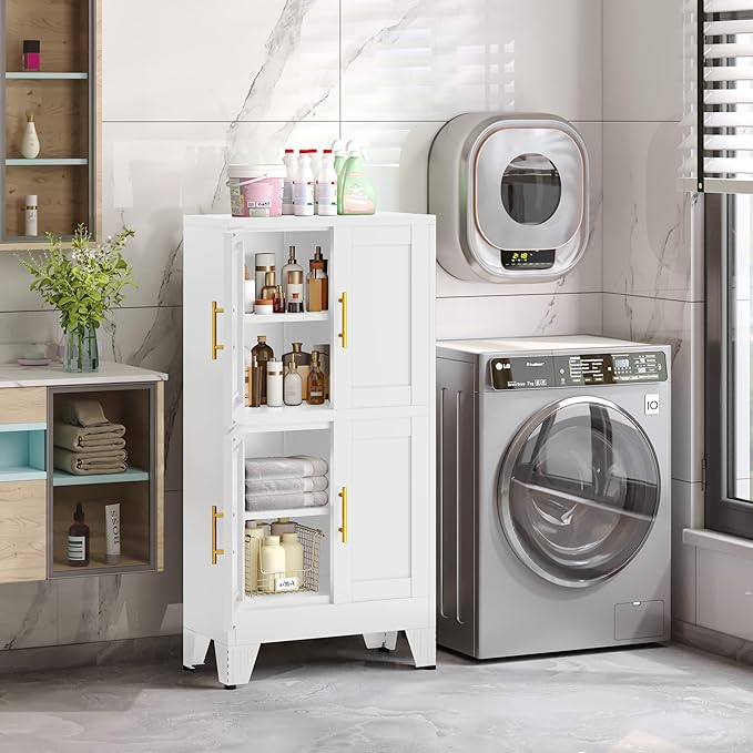 47.25" Metal Pantry Cabinet, Storage Cabinets with 4 Door and 2 Adjustable Shelves, White Bathroom Cabinet, Freestanding Cupboard for Kitchen Dining Living Room Bathroom-CasaMuseHome