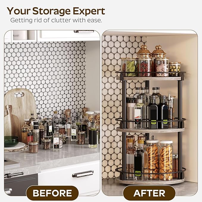 3-Tier Lazy Susan Organizer, Rotating Spice Rack, Spinning Organizer, Industrial Turntable Spice Rack Organizer for Cabinet, Kitchen Countertop, Greige and Black SR23BG-CasaMuseHome