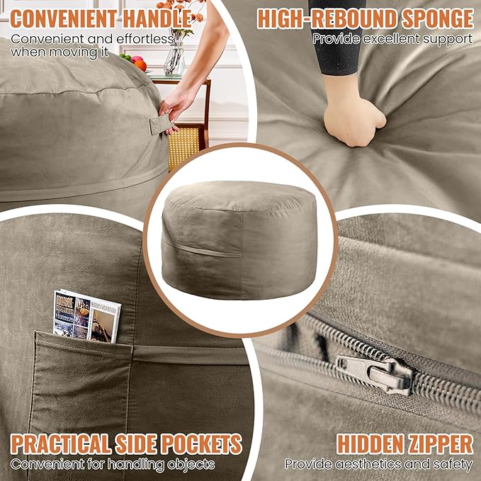 4FT Bean Bag Chair: Bean Bag with Velvet Cover, Fluffy and Comfy Bean Bag Chairs for Adults and Kids, Bean Bag Sofa Filled with High-Density Sponge for Gaming (Light Grey)-CasaMuseHome