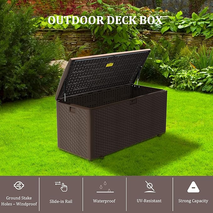180 Gallon Pro Outdoor Storage Box Waterproof Lockable Resin Deck Box Large, Patio Storage Bin for Pool Accessories Cushion Furniture, Garden Tools, UV-Resistant Outside Delivery Brown-CasaMuseHome