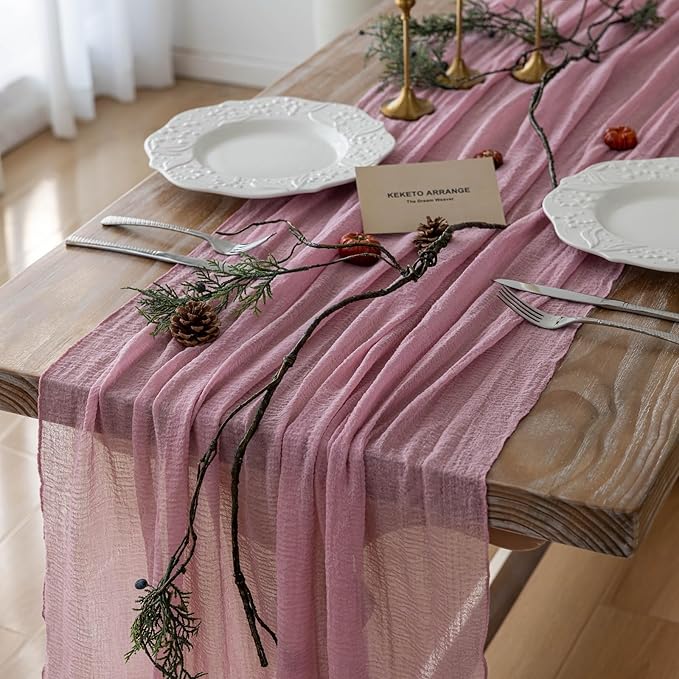 3pcs Cheesecloth Table Runner Dusty Rose Gauze 120 Inch 10 FT Rustic Boho Cheese Cloth Runner for Wedding Baby Shower Bridal Shower Party Long Sheer Centerpiece Fall Home Decoration-CasaMuseHome