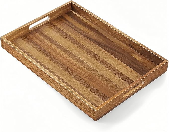 Acacia Wood Serving Tray with Handles - 17-Inch Large Wooden Tray for Ottoman - Perfect for Breakfast, Lunch, Dinner, Appetizers, Patio, Ottoman, Coffee Table,BBQ, Party – Great for Lap &Couch ﻿-CasaMuseHome
