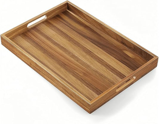 Acacia Wood Serving Tray with Handles - 17-Inch Large Wooden Tray for Ottoman - Perfect for Breakfast, Lunch, Dinner, Appetizers, Patio, Ottoman, Coffee Table,BBQ, Party – Great for Lap &Couch ﻿-CasaMuseHome