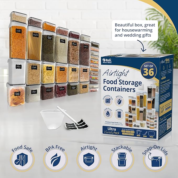 Reli. Airtight Food Storage Containers with Lids (36 Sets) | Kitchen Organizers and Storage Pantry Organizers | BPA Free Plastic Food Containers | Ultra Variety Pack w/Measuring Cup, 42 Labels, Pen-CasaMuseHome