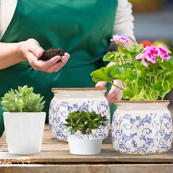 1 Pcs Vintage Planter Large Ceramic Plants Pot Blue Chinoiserie Crack Cottage Scroll Vase Flower Vase Pot Indoor Plants Home Kitchen Decor Farmhouse Antique Decorative Gift-CasaMuseHome