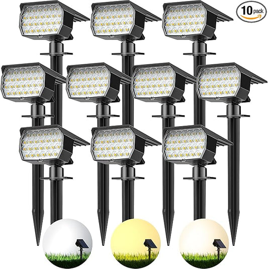 3 Colors Solar Lights Outdoor Waterproof IP65 Outdoor Spot Lights for Yard 52 LEDs 600LM Solar Powered Landscape Spotlights Solar Security Wall Lights for Garden Pathway Outside- 10 Pack-CasaMuseHome