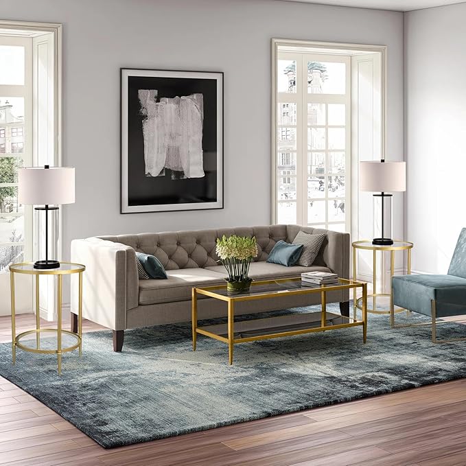 2 Tier Round Side Table, Gold End Table with Glass Top, Modern Metal Clear Coffee Tables, Small Accent Tables for Living Room, Bedroom, 18" x 18"-CasaMuseHome