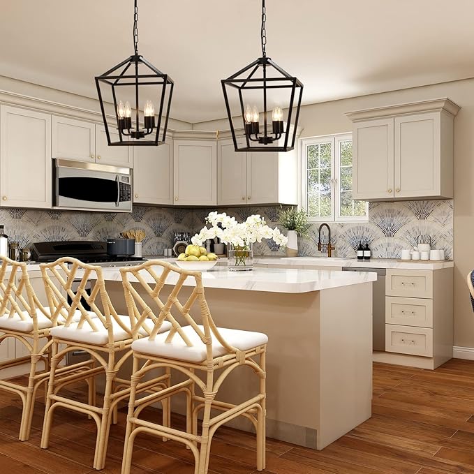 4-Light Lantern Pendant Light,Modern Industrial Black Cage Farmhouse Chandelier for Kitchen Island,12'' Rustic Metal Hanging Lighting Fixture for Dining Room Bedroom Foyer Entry Porch-CasaMuseHome