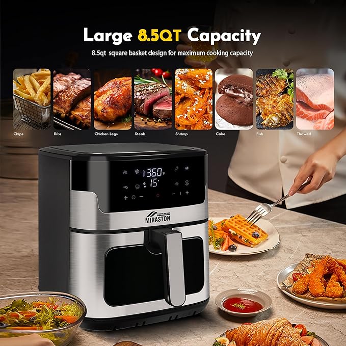 8.5QT Air Fryer, Family Size Digital Air Fryers, Nonstick Square Basket, Smart Touchscreen with 8-Preset, Air Frying, Reheat Leftovers, Party Food, Fast Cooking, Dishwasher-Safe, for Kitchen-CasaMuseHome