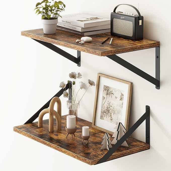 18"W x10"D Floating Shelves, Farmhouse Wall Shelves Home Decor Shelf, Deep Bathroom Shelves with Bracket, 10 Inch Deep Wall Shelf for Living Room, Kitchen, Bedroom, Rustic Brown, Set of 2-CasaMuseHome