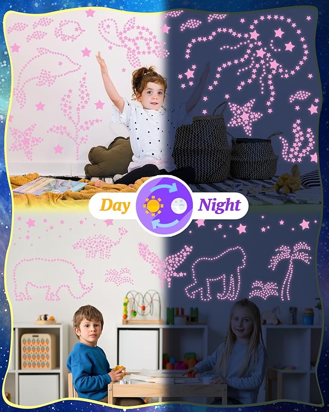 201 Pcs Glow in The Dark Stars Stickers for Ceiling, Pink Toddler Wall Room Decor Gifts, Luminous 3D Glowing Stars Stocking Stuffers for Kids Boys Girls-CasaMuseHome