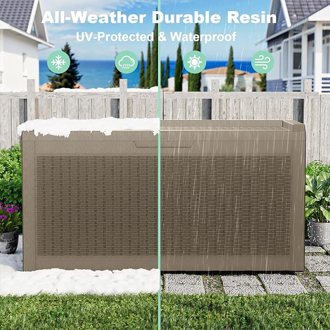 60 Gallon Resin Deck Box, Lockable Outdoor Storage Box for Patio Cushions Storage Furniture,Garden Tools, Pool Supplies, Weatherproof and UV Resistant (Grey Rattan)-CasaMuseHome
