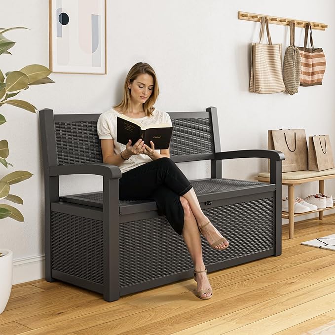 70 Gallon Outdoor Storage Bench Deck Box Lockable for Patio Furniture, Outdoor Porch Bench with Storage Waterproof for Cushions, Garden Tools and Pool Supplies, Grey-CasaMuseHome