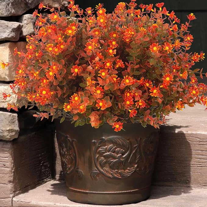 12 Bundles Artificial Fall Flowers No Fade Faux Autumn Plants, Fake Indoor Outdoor Greenery Decorations for Thanksgiving Christmas Wedding Party Home Garden Fireplace Décor (Fall Red)-CasaMuseHome