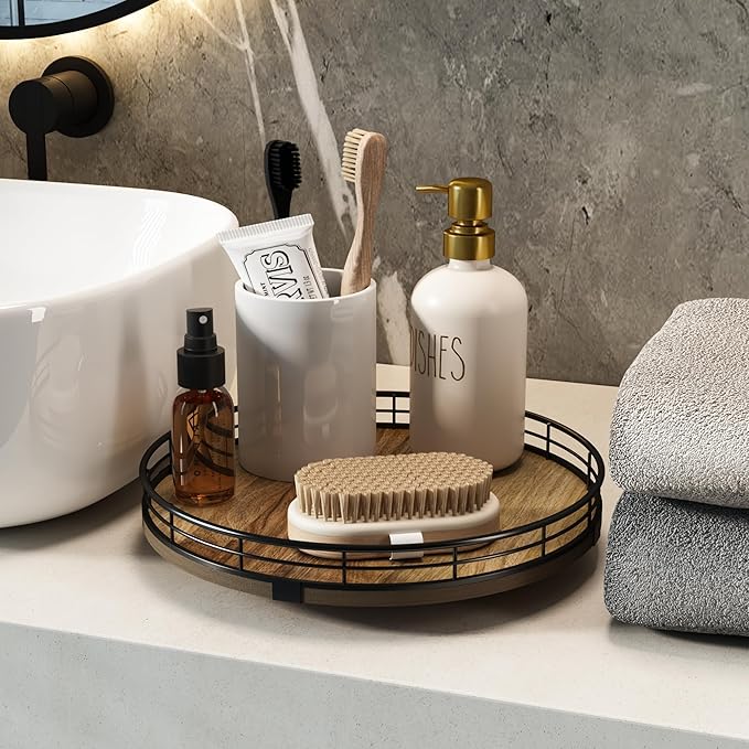 Acacia Wood 10" Lazy Susan Turntable Organizer for Table Top, Farmhouse Round Wooden Lazy Susan for Cabinet Kitchen Centerpieces Coffee Table, for Condiments Spices, Bathroom Vanity Tray Decor-CasaMuseHome