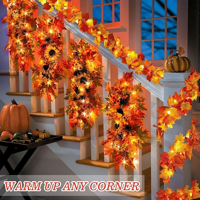 2 Pack Fall Decor Maple Leaves Garland with Lights Battery Operated Fall Thanksgiving Decorations Garland for Home Porch Front Door Table Mantle Outdoor Autumn Harvest Halloween Decor, 11.8Ft 40LED-CasaMuseHome
