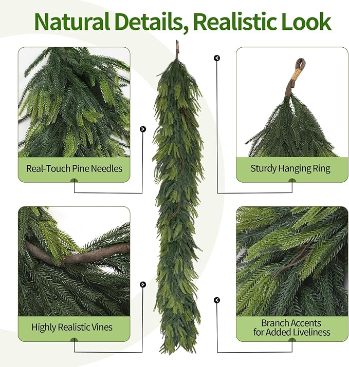 6FT Artificial Norfolk Pine Garland 2 Pack – Dense Green Christmas Garland, Real Touch Holiday Greenery for Front Door, Fireplace Mantel, Staircase, Indoor Outdoor Home Decoration-CasaMuseHome