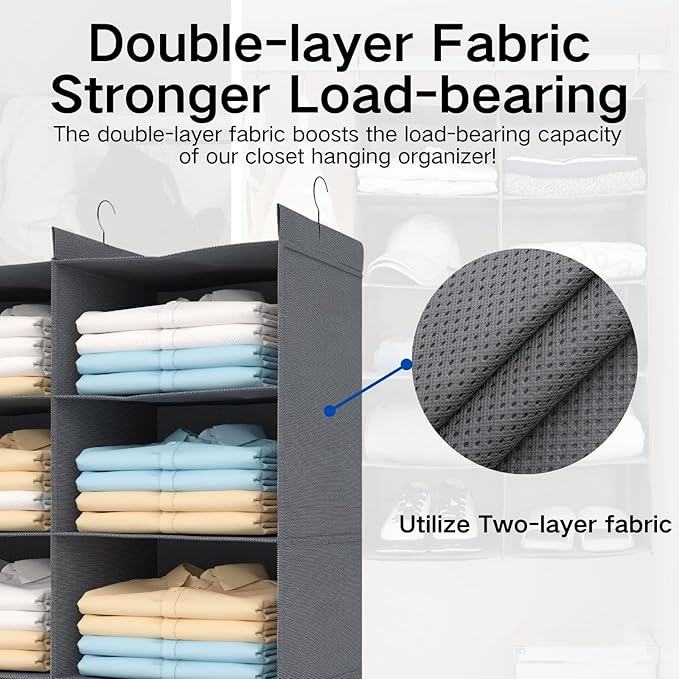 5 Tier Shelf Hanging Closet Organizer, Dual-Row 10 Pocket Cloth Hanging Shelf with 3 Sturdy Hooks for Storage, Foldable (Grey)-CasaMuseHome