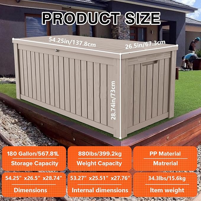 180 Gallon Lockable Resin Deck Box, Waterproof & UV-Resistant Outdoor Storage Box for Outdoor Cushion Storage, Garden Tools & Pool Accessories Storage, Gray-CasaMuseHome