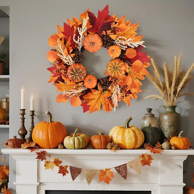 20 Inch Thanksgiving Fall Wreath, Berries Pumpkins Maple Leaves Pine Cones Autumn Wreaths with Hook for Front Door, Fall Decor, Porch Wall Home Outdoor Holiday Decorations Wreath for Autumn-CasaMuseHome