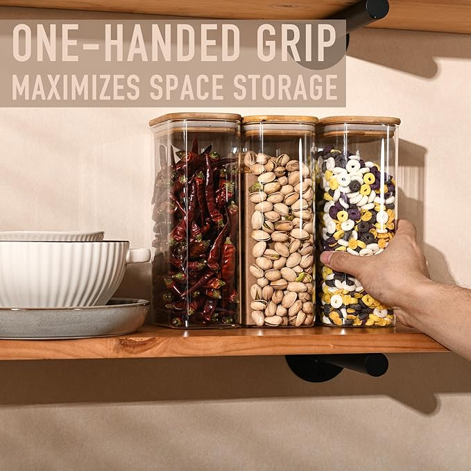 56oz Rectangle Airtight Glass Storage Containers with Bamboo Lids (Set of 3), Square Food Storage Jar, Pantry Organizers for Oats, Cereal, Pasta and Coffee beans (‎with Black Lable)-CasaMuseHome