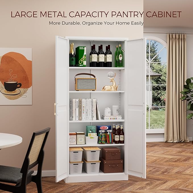 71" Tall Metal Pantry Cabinet, White Kitchen Pantry Storage Cabinet with 4 Adjustable Shelves and Gold Handles, Cupboard for Kitchen, Dining Room, Living Room, Bathroom-CasaMuseHome