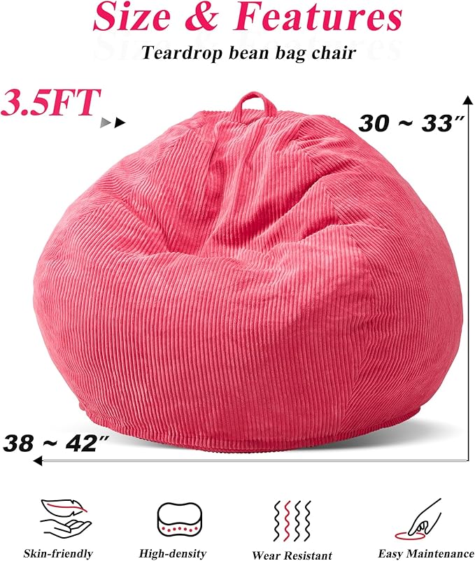3.5FT Bean Bag Chairs Teardrop Bean Bag Chair for Adults Beanbag Chair with Memory Foam Filled Machine Washable Cover for Living Room, Bedroom (Large,Pink)-CasaMuseHome