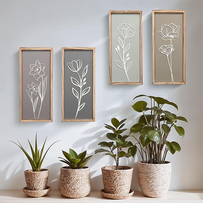 3D Wooden Floral Bathroom Wall Decor (Set of 4) Lightweight, Ready-to-Hang Framed Wall Art For Living Room, Bedroom, or Office - Premium Boho Botanical Farmhouse Decorations - Gift-Boxed-CasaMuseHome