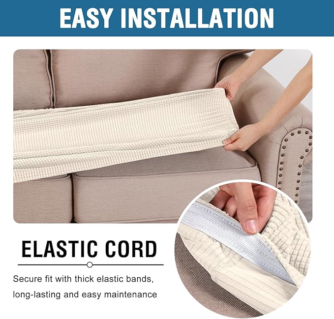 H.VERSAILTEX Super Stretch Individual Seat Cushion Covers Sofa Covers Couch Cushion Covers Slipcover Sets Thick Jacquard Textured Twill Fabric (1 Piece Loveseat Cushion Cover, Natural)-CasaMuseHome