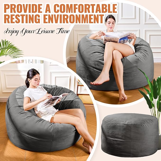 4FT Bean Bag Chair: Bean Bag with Velvet Cover, Fluffy and Comfy Bean Bag Chairs for Adults and Kids, Bean Bag Sofa Filled with High-Density Sponge for Gaming (Grey)-CasaMuseHome