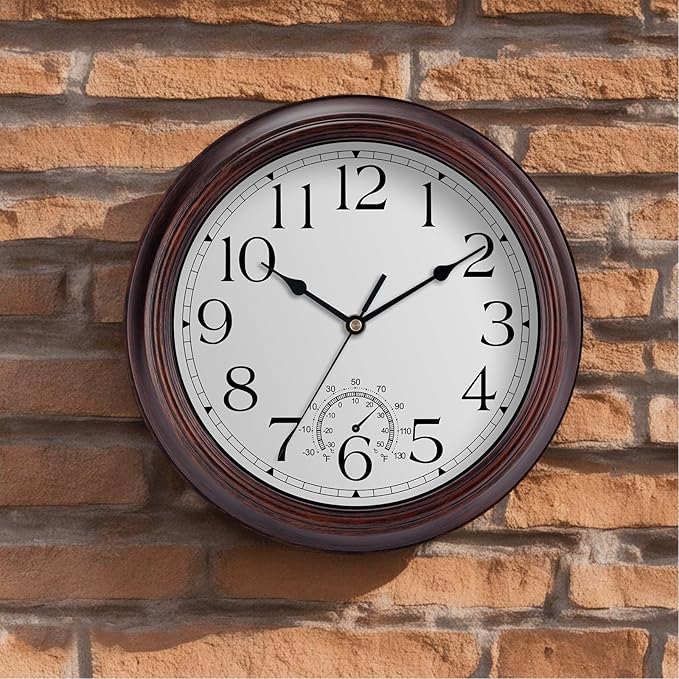 12 Inch Outdoor Wall Clock with Thermometers, Vintage Silent Wall Clocks Battery Operated, Retro Non-Ticking Clock Decorative for Living Room, Patio, Kitchen, Office, Bathroom, Bedroom(Bronze)-CasaMuseHome