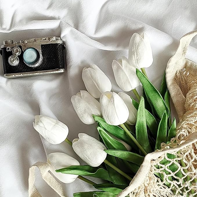 20pcs White Artificial Tulip Fake Flower 12.9 Inch Spring Mother's Day Easter Gift for Home Kitchen Wedding Decoration-CasaMuseHome