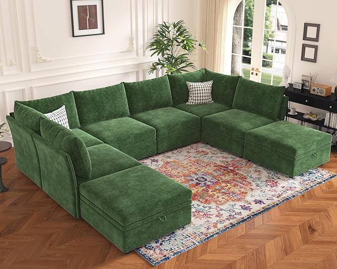 136.4" Oversized Modular Sectional Sleeper Sofa Bed, U Shaped Convertible Couch with Movable Ottoman, Large 8 Seat Corner Couches for Living Room Deep Seat Green Chenille-CasaMuseHome