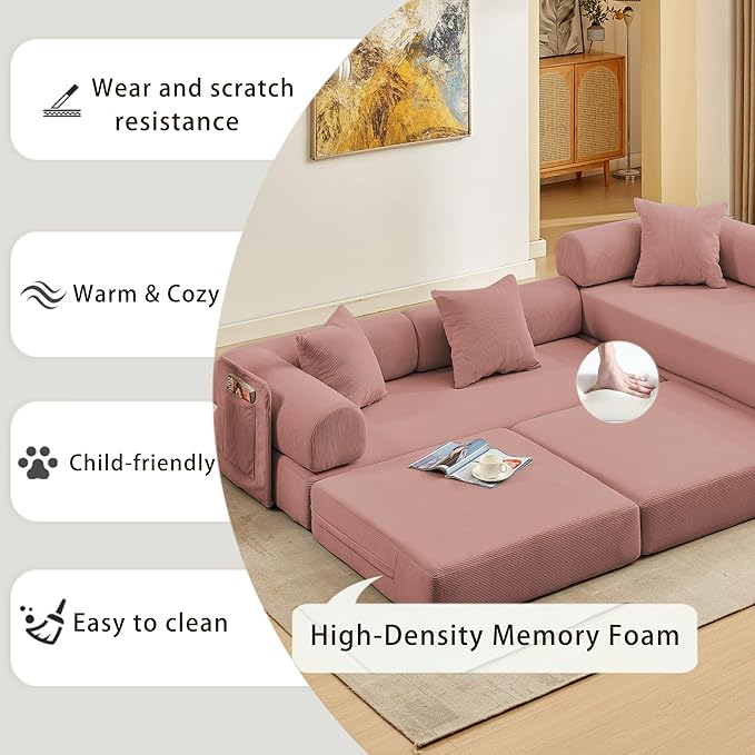 107" Oversized Convertible Sleeper Sofa Bed, Corduroy L Shape Sectional Couch, Folding Sofa Bed with Side Pocket, Modern Cloud Floor Mattress Couch, Modular Sofa for Living Room, Pink-CasaMuseHome