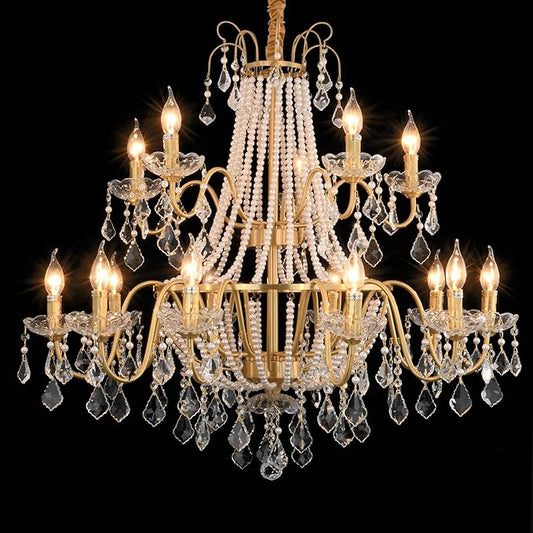 40" Large Brass Crystal Chandeliers,Gold Brushed Brass Chandelier for High Ceiling Living Room Dining Room Staircase Hallway Entryway Foyer(15-Light, Bulb Included)-CasaMuseHome