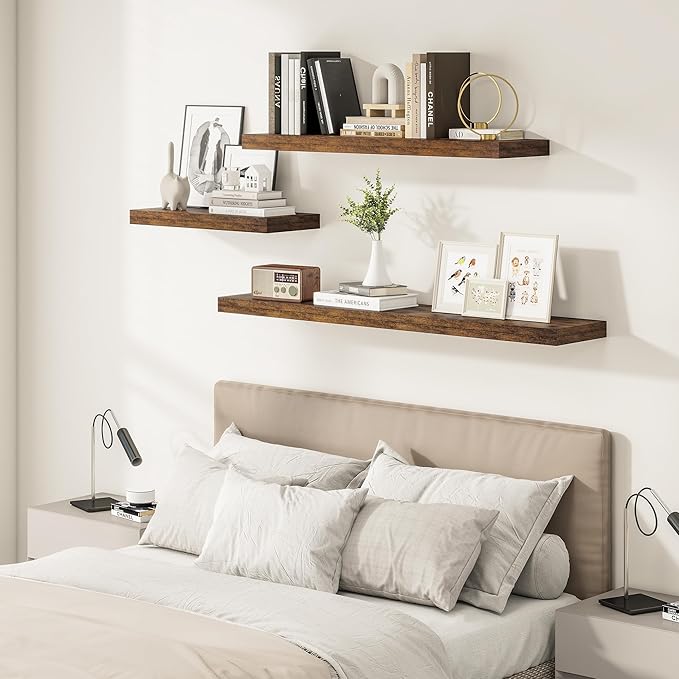 12" Deep Floating Shelves for Wall 24 Inches Long, Heavy Duty Wall Shelves for Bedroom Bathroom Kitchen Laundry Room, Farmhouse Rustic Shelves for Home Decor, 24" X 12" X 2" Set Of 2, Rustic Brown-CasaMuseHome