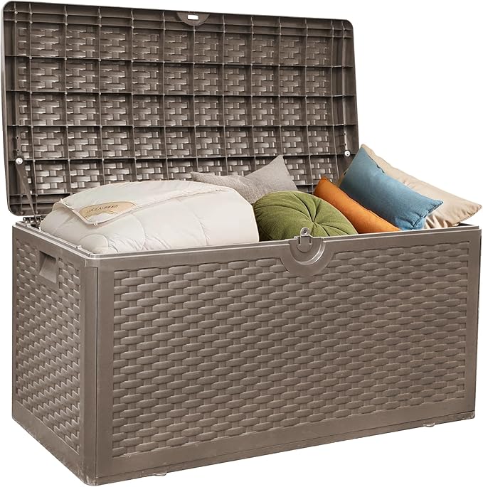 80 Gallon Pro Outdoor Storage Box Waterproof Lockable Resin Deck Box Large, Patio Storage Bin for Pool Accessories Cushion Furniture, Garden Tools, UV-Resistant Outside Delivery Brown-CasaMuseHome