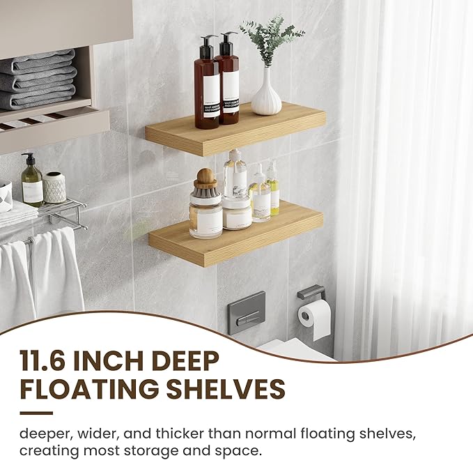 24 Inch Floating Shelves, 12 Inch Deep Floating Shelves for Wall, Floating Shelf with Invisible Brackets, Deep Shelves for Bathroom, Bedroom, Living Room, 2 Pack, Natural-CasaMuseHome